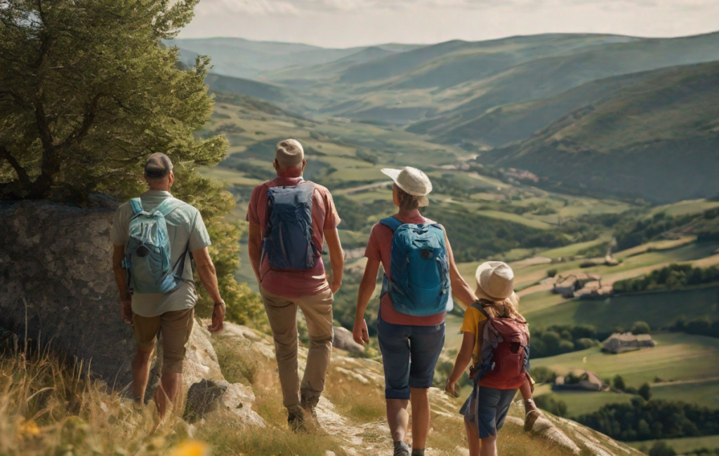 Une famille en randonnée dans les montagnes de Lozère, partageant un moment de solidarité avec des habitants locaux