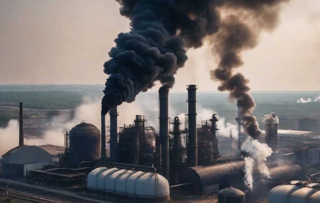 Une fumée noire s'échappe d'une usine industrielle, polluant l'air et menaçant la santé mondiale