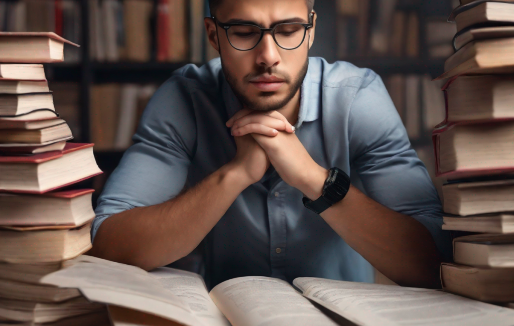 Un étudiant débordé d'émotions, entouré de livres et de notes, cherchant désespérément l'équilibre mental