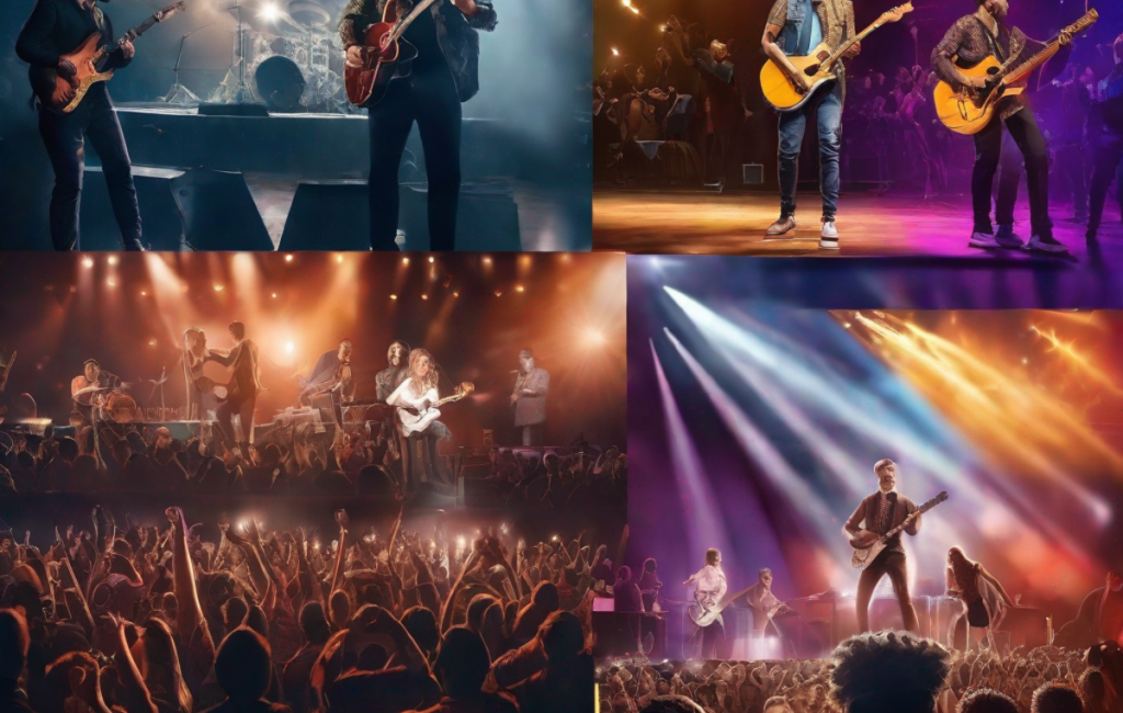 Illustrant un concert de musique, cette image montre des artistes de différents genres se produisant sur scène