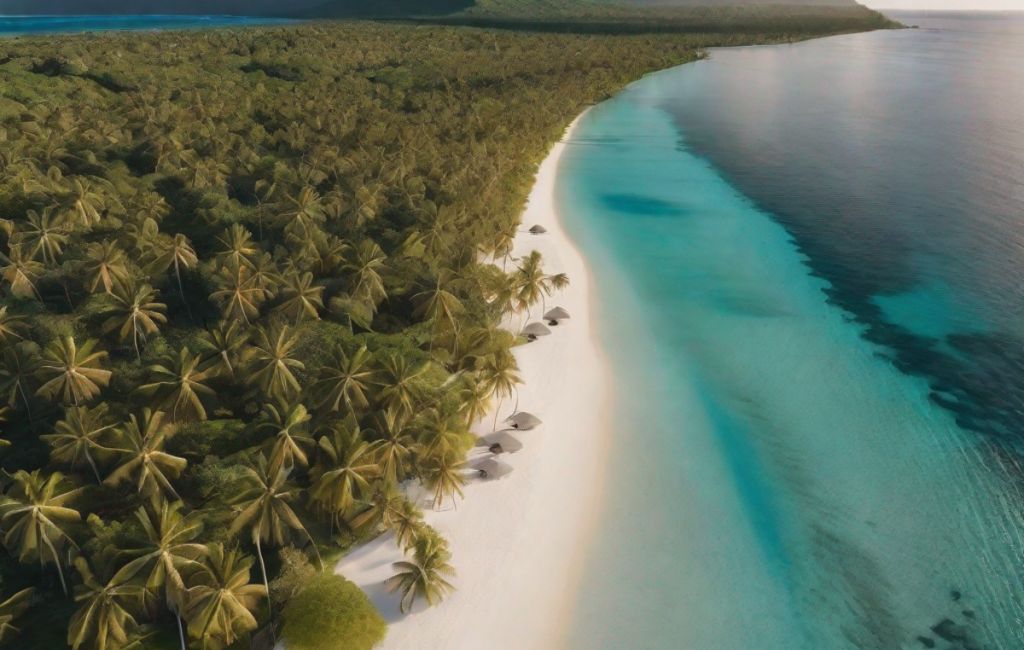 Vue aérienne d'une plage paradisiaque bordée de cocotiers en Polynésie française