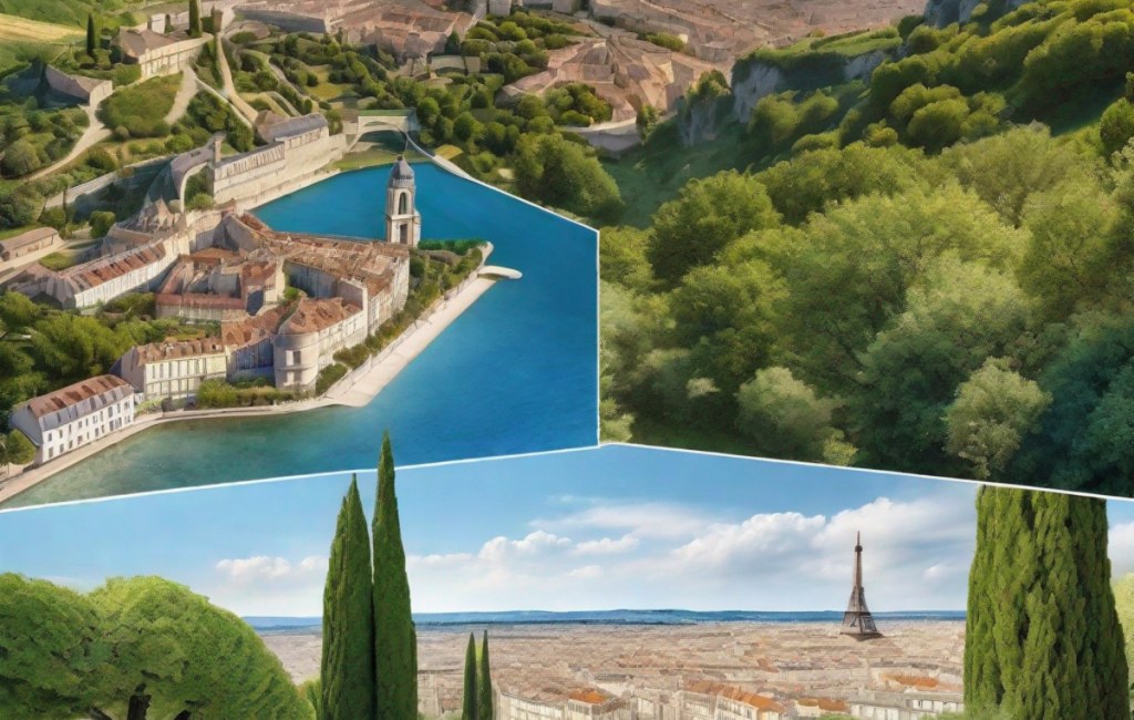 Illustration d'un paysage français, entouré de différentes attractions touristiques, en comparaison avec des destinations européennes
