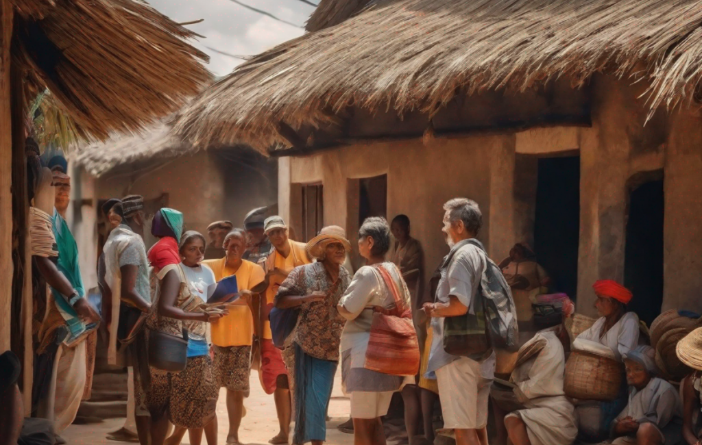Un groupe de personnes visitant un village local et interagissant avec les habitants lors d'un voyage touristique solidaire