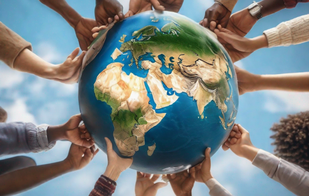 Une main tendue vers un globe terrestre avec des personnes de différentes cultures se tenant la main