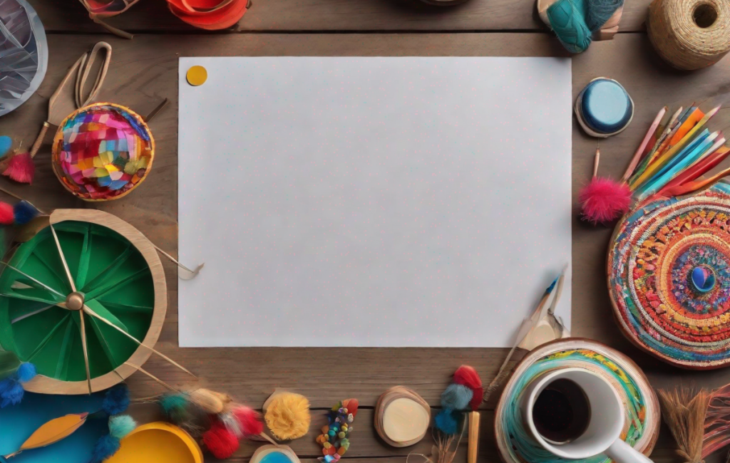 Photo d'une table remplie d'objets artisanaux colorés et de matériel de loisirs créatifs