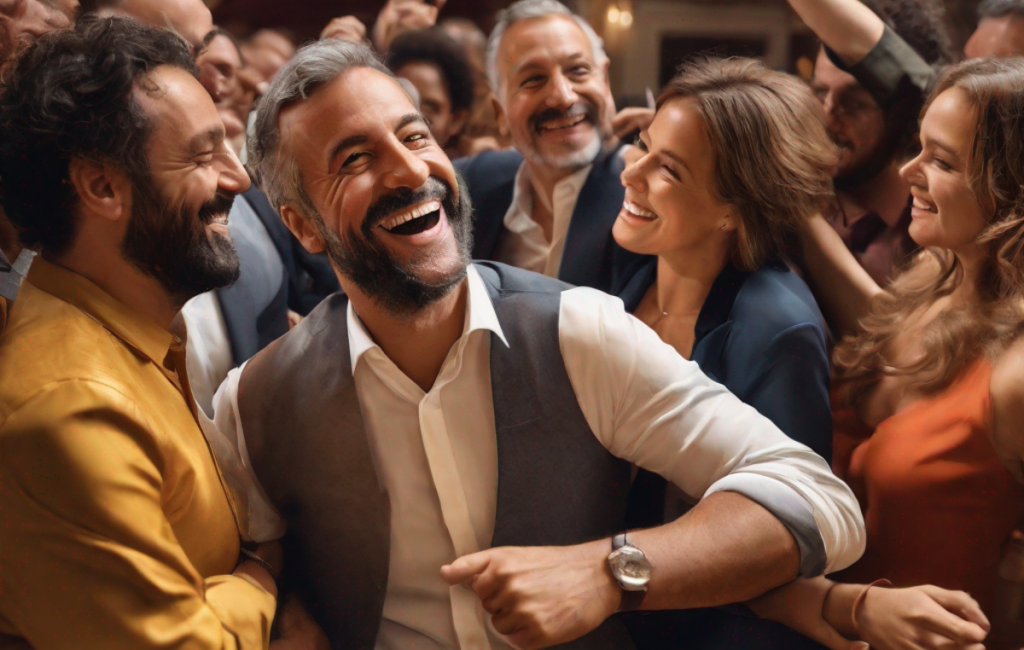 Marc Lainé, souriant et entouré d'une équipe dynamique, célèbre le succès et l'innovation culturelle à la Comédie de Valence