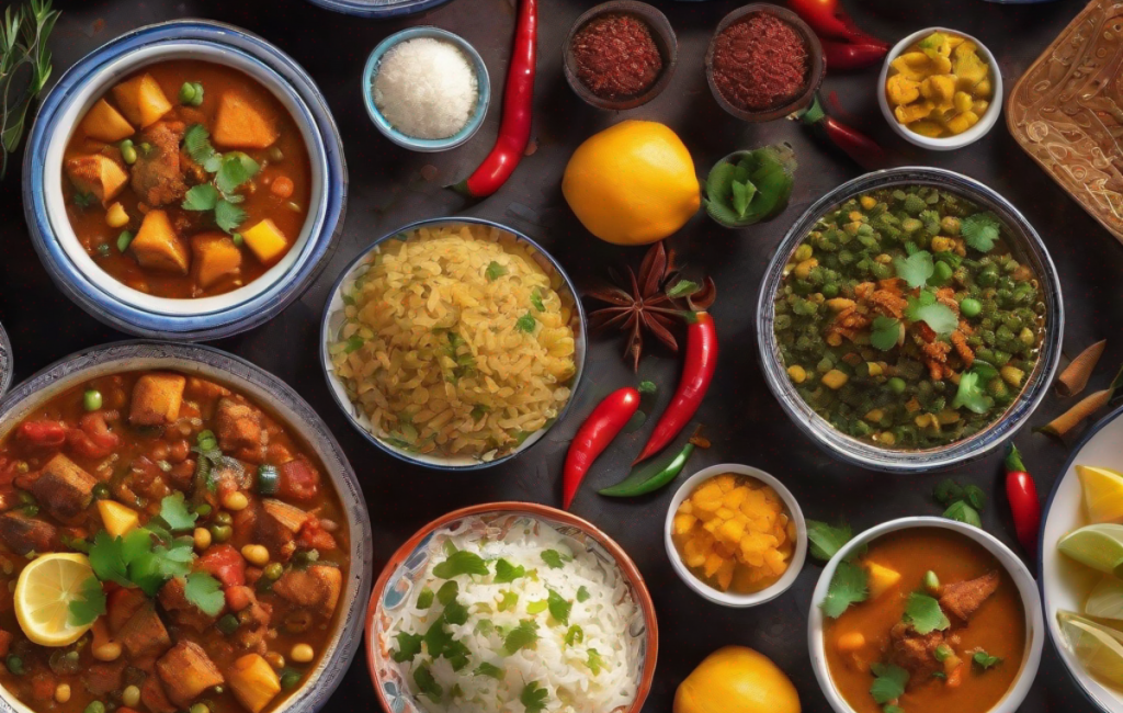 'Assortiment de plats traditionnels marocains colorés et épicés'