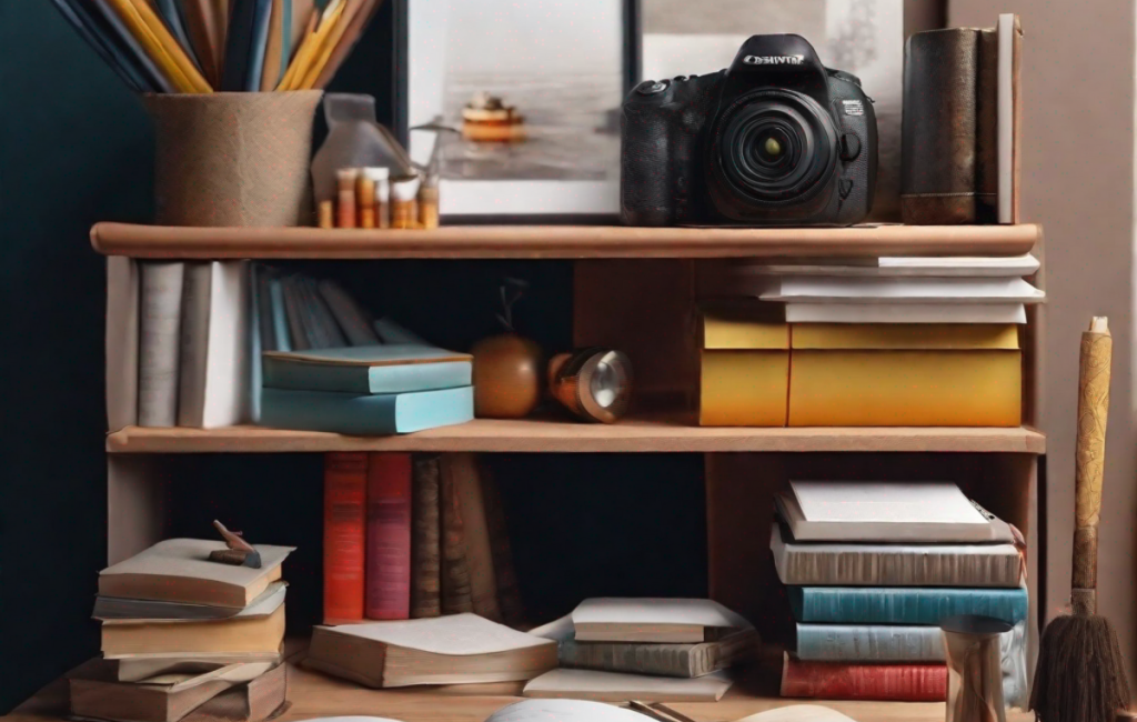 Atelier créatif avec livres et matériel d'art