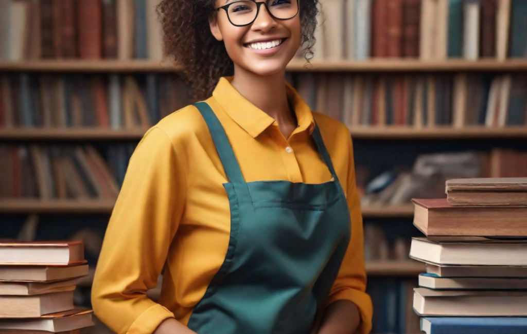 Bénévole souriante parmi des livres et matériel créatif