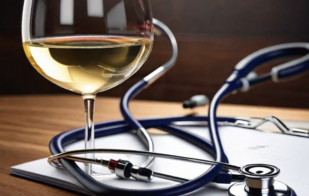 Un verre de vin, un stéthoscope et le logo du ministère