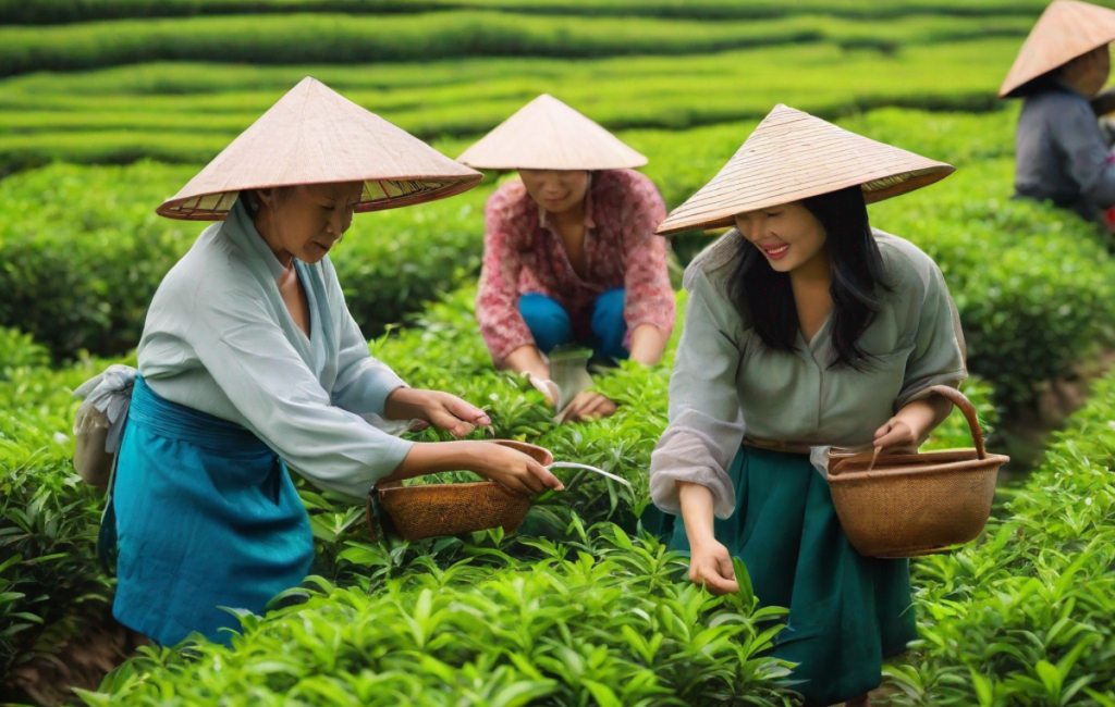 Touristes cueillant du thé à Thai Nguyen