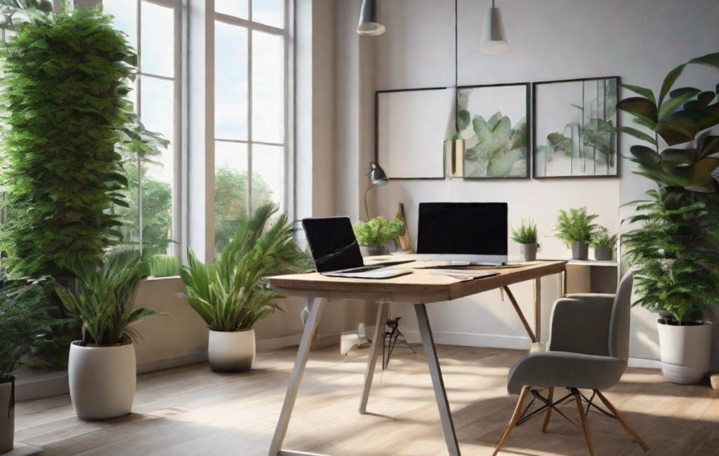 Bureau ordonné avec agenda, plantes et ordinateur portable