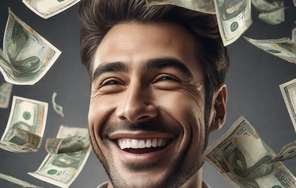 Homme souriant avec des billets de banque volants