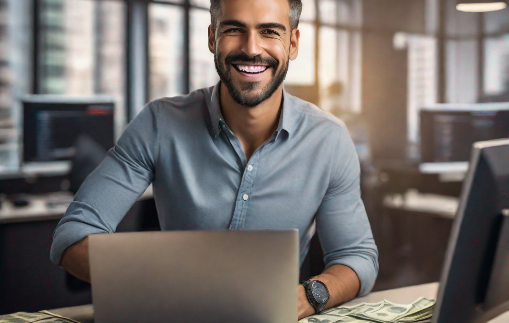 Homme souriant devant un ordinateur avec billets de banque