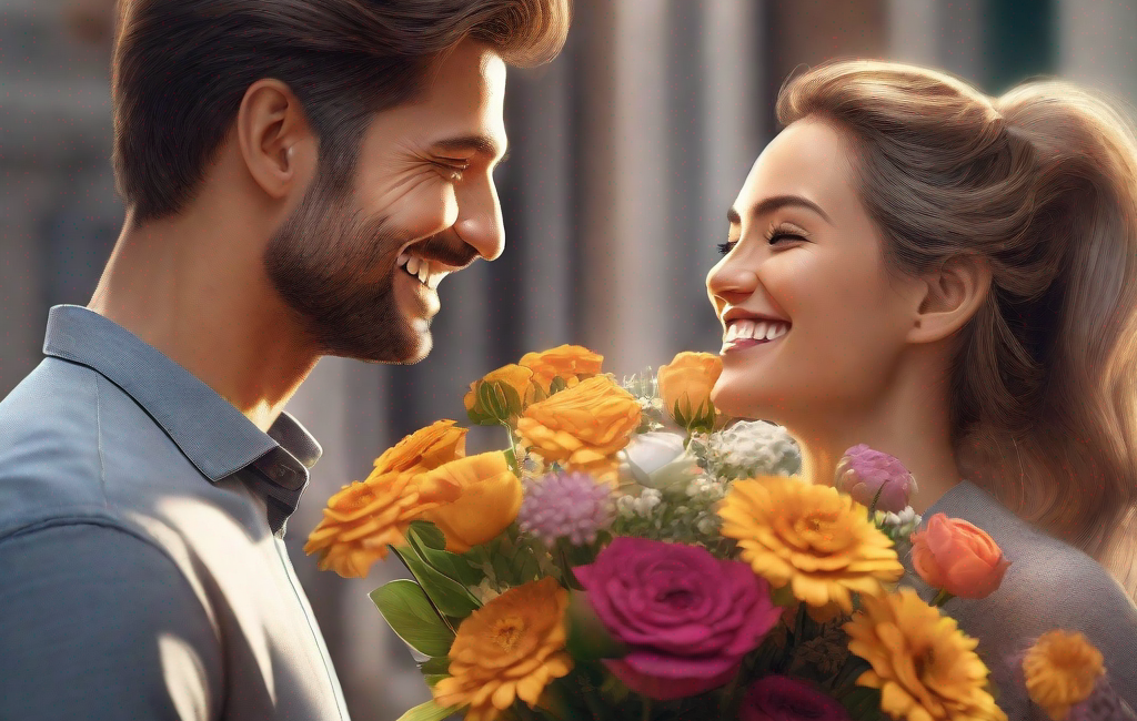 Un homme souriant offrant des fleurs à une femme