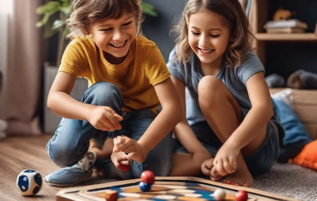 Enfants souriants jouant à des jeux à la maison