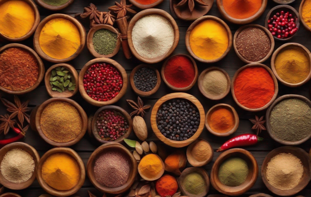 Un assortiment d'épices colorées dans des bols en bois