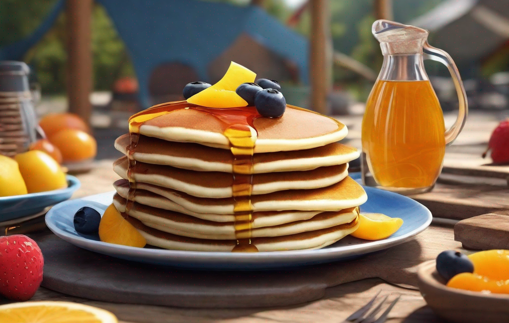 Pile de pancakes alléchants avec sirop et fruits