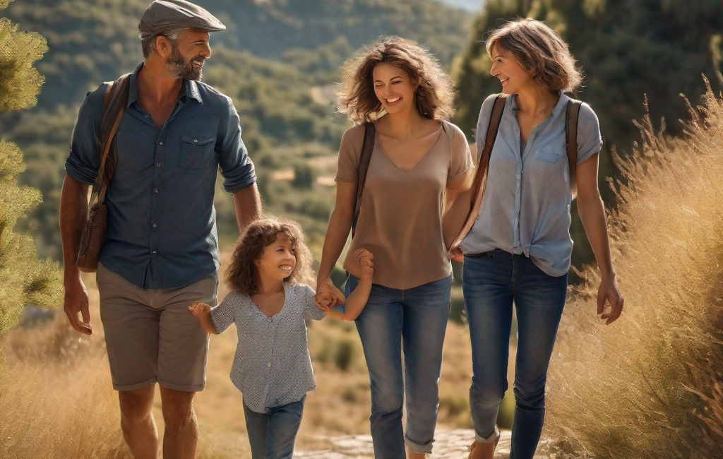 Famille heureuse explorant les Cévennes ensemble