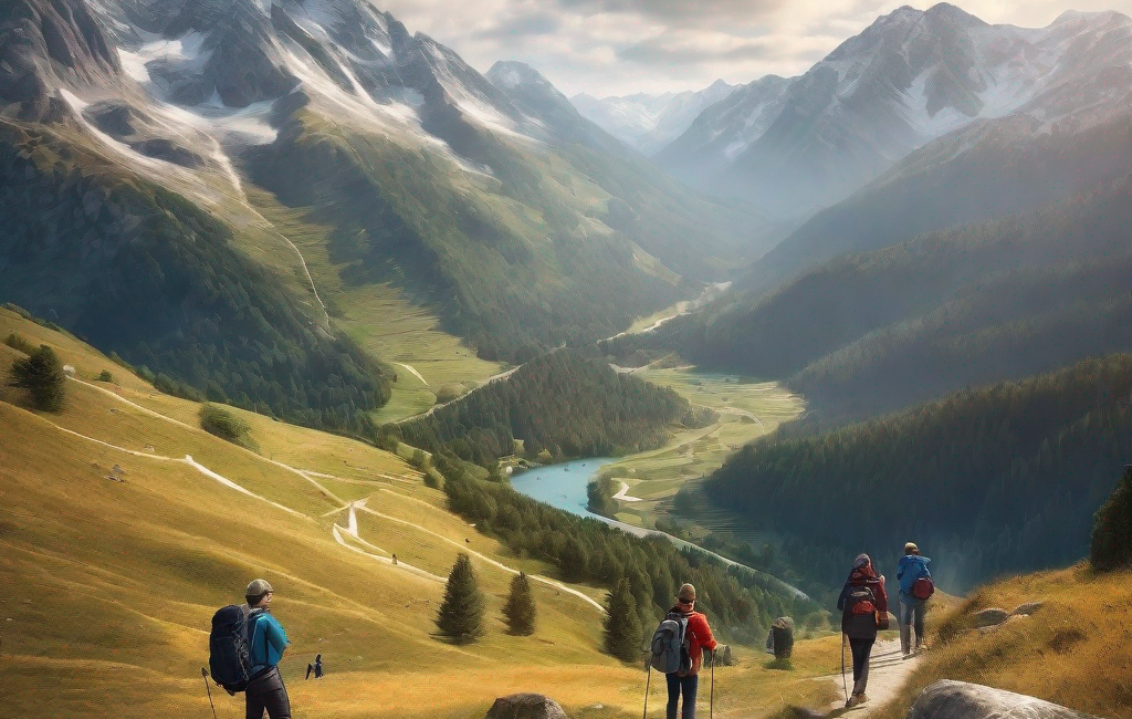 Touristes en action dans un paysage montagneux