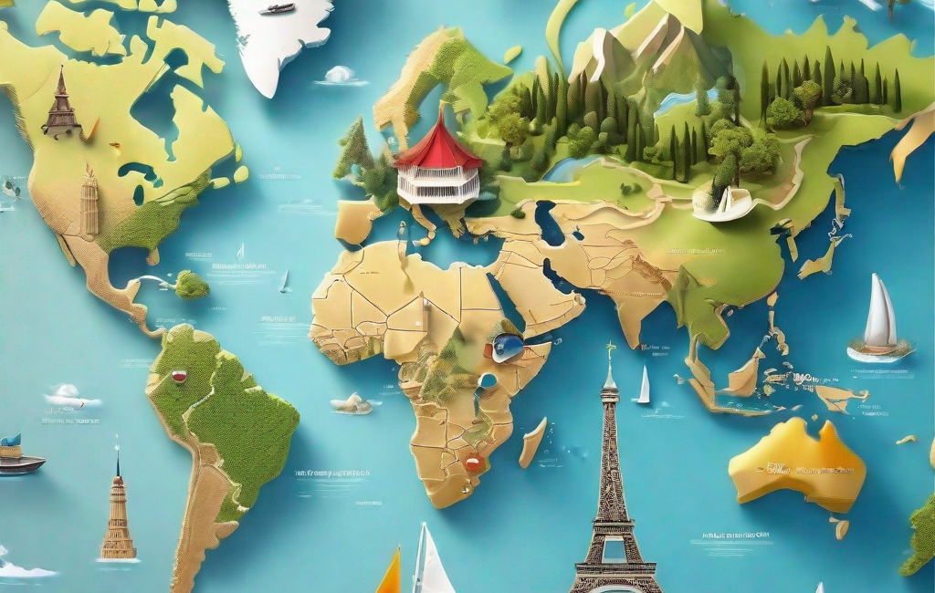 Carte du monde avec des icônes de lieux touristiques
