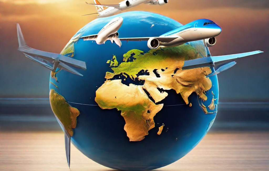 Logo E-tourisme avec planète et avion en fond