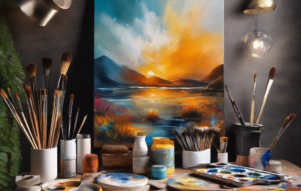 Atelier créatif avec peinture, pinceaux et collage
