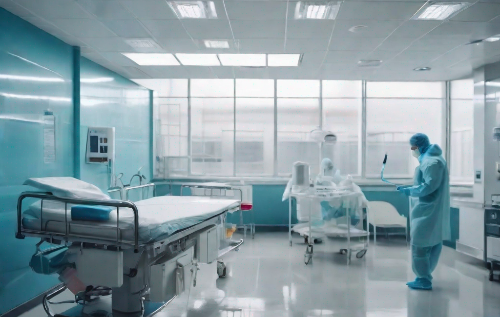 Personnel médical en tenue stérile nettoyant un hôpital