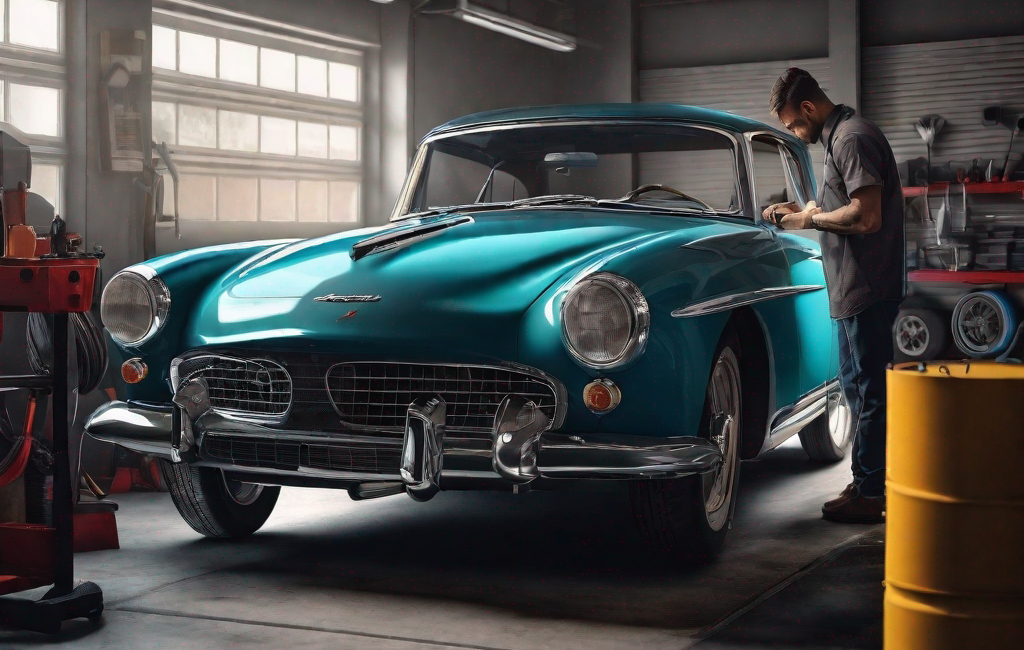 Garage avec mécanicien examinant une voiture