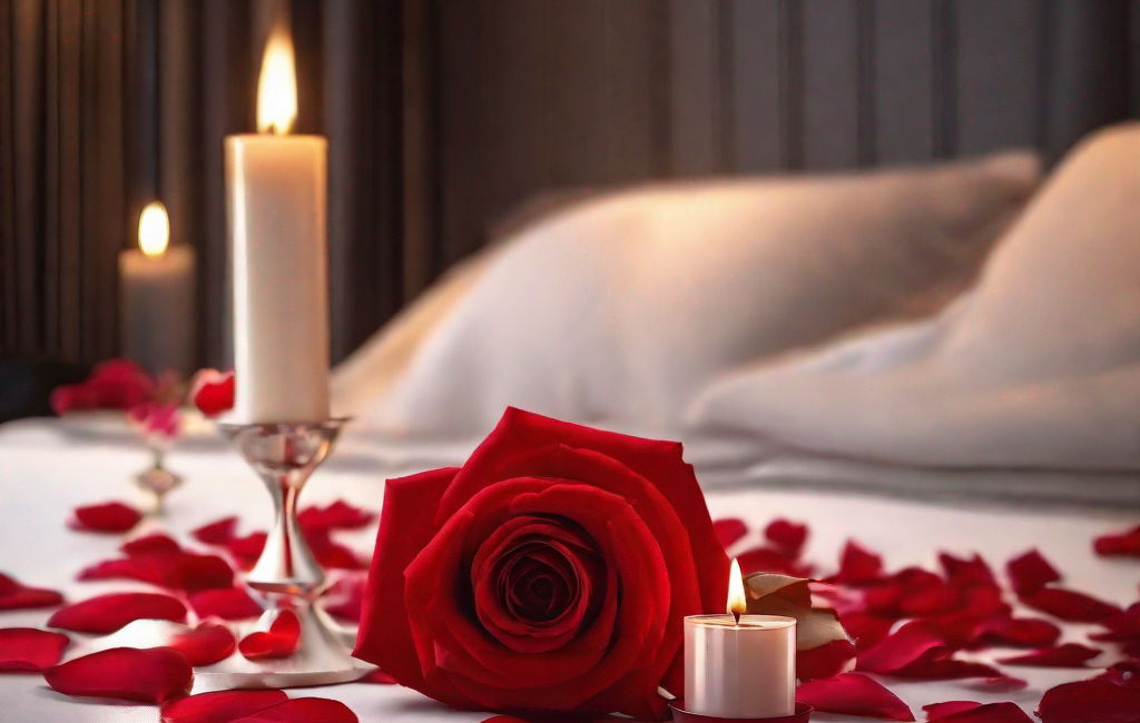 Cœur rouge, bougies et pétales de roses sur un lit