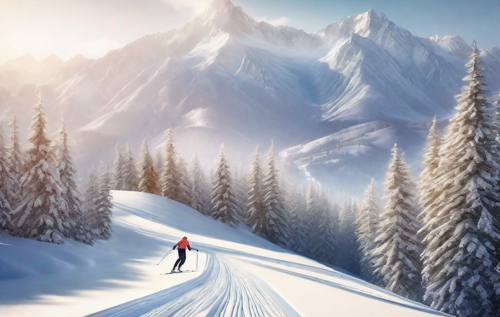 Skieurs sur piste enneigée avec montagnes en arrière-plan