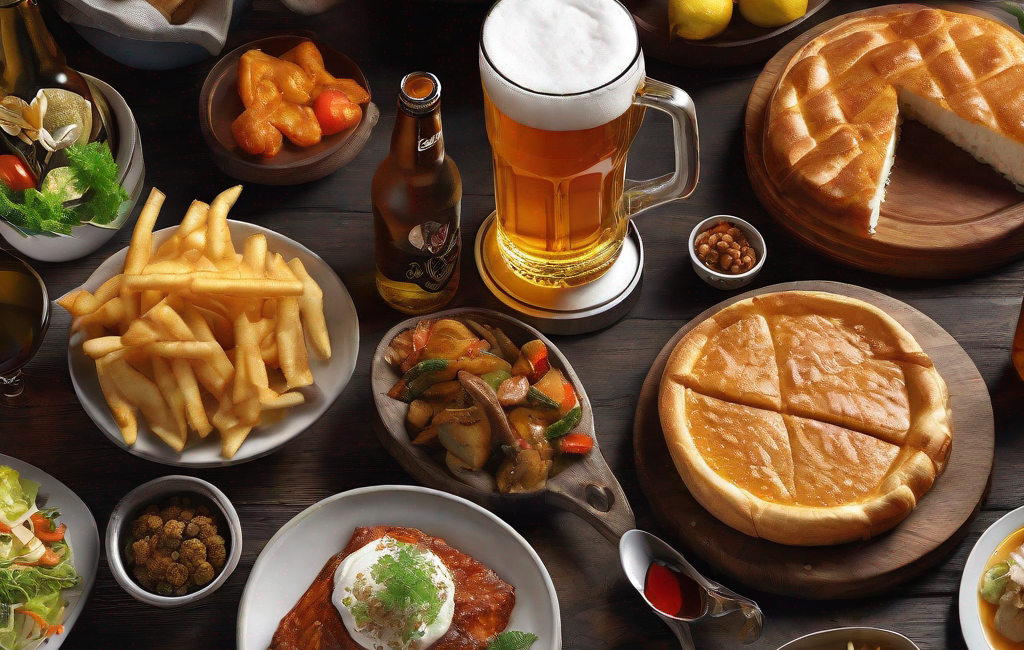 Verres de bière et plats variés