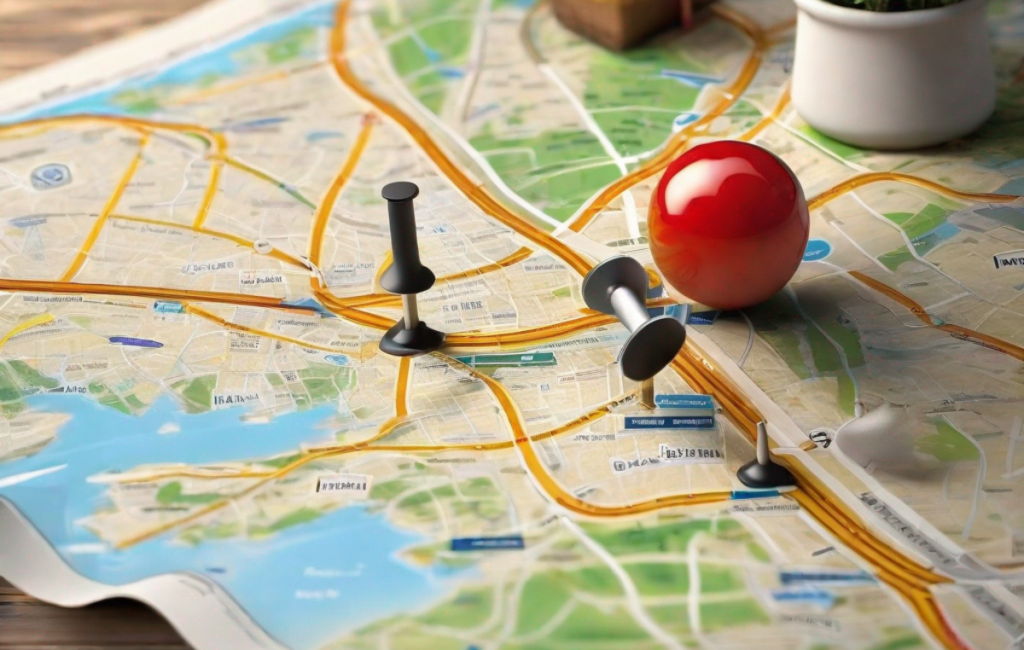 Carte routière avec itinéraire et symboles touristiques
