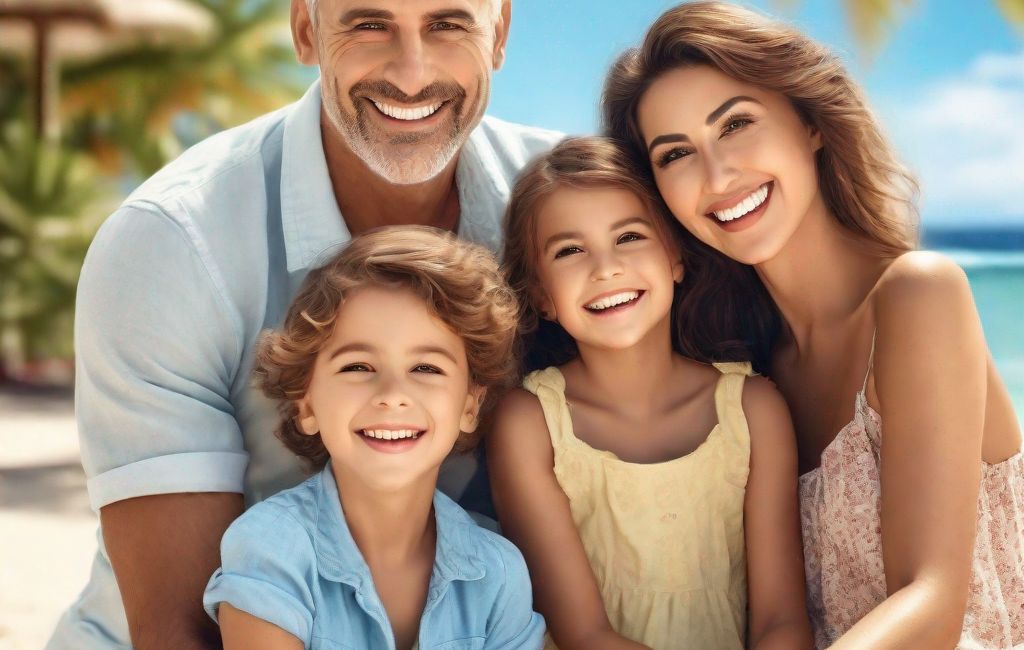 Famille souriante sur plage tropicale ensoleillée