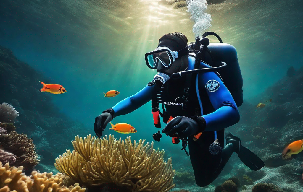 Plongeur éclairé découvrant la faune marine sombre et mystérieuse