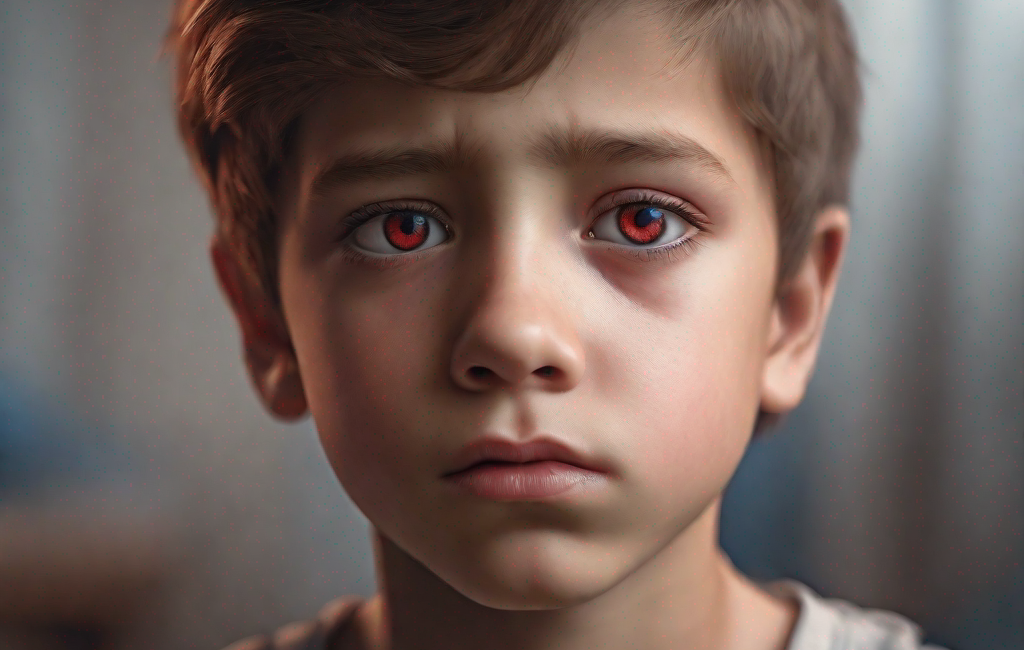 Garçon aux yeux rouges et regard triste