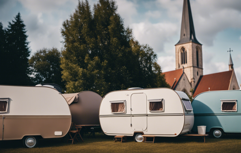 Caravanes et tentes dispersées près d'une église à Sedan
