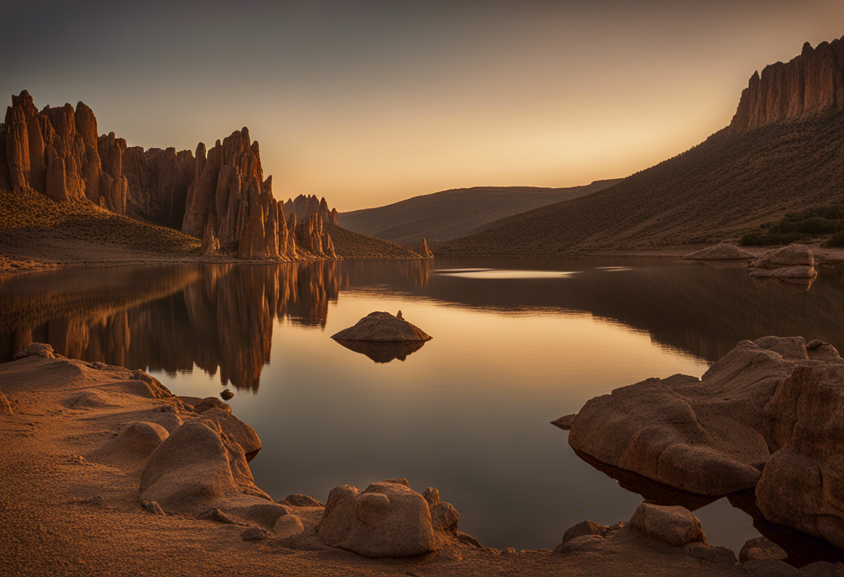 Lac du Salagou entouré de collines rouges  
Reflets du soleil sur le lac du Salagou