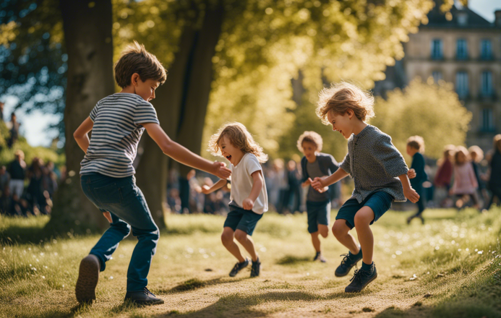 Enfants jouant joyeusement dans un parc à Châteauneuf-du-Faou
