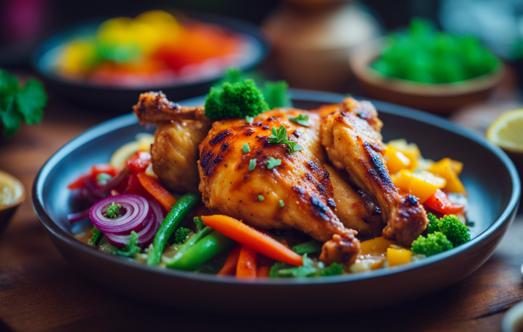 Plat de Poulet Dabali servi avec des légumes colorés