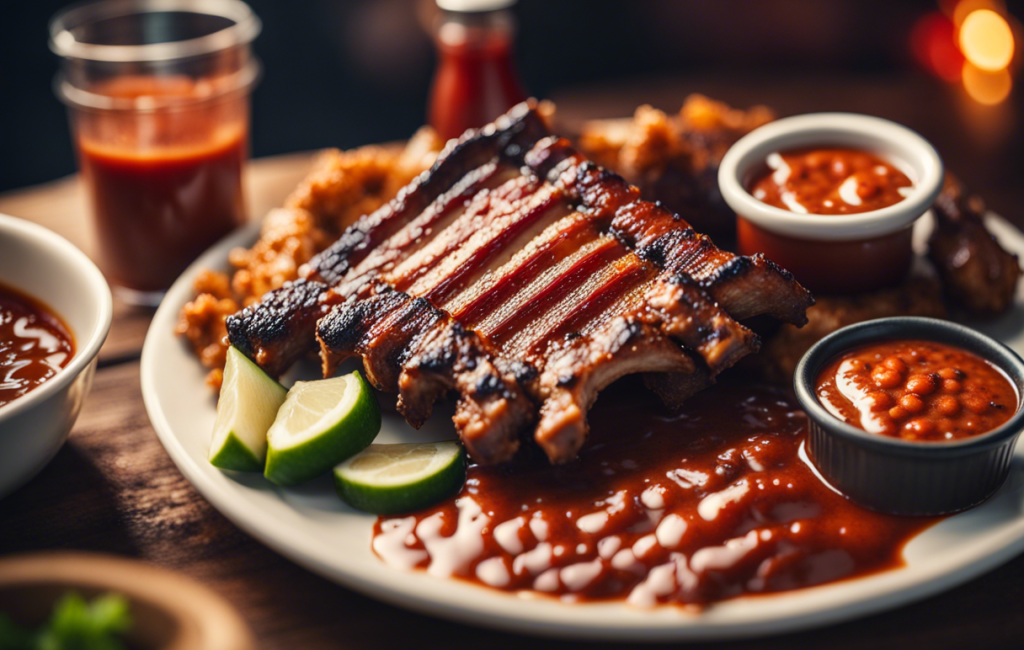 Assiette de barbecue texan avec ribs et sauce épicée