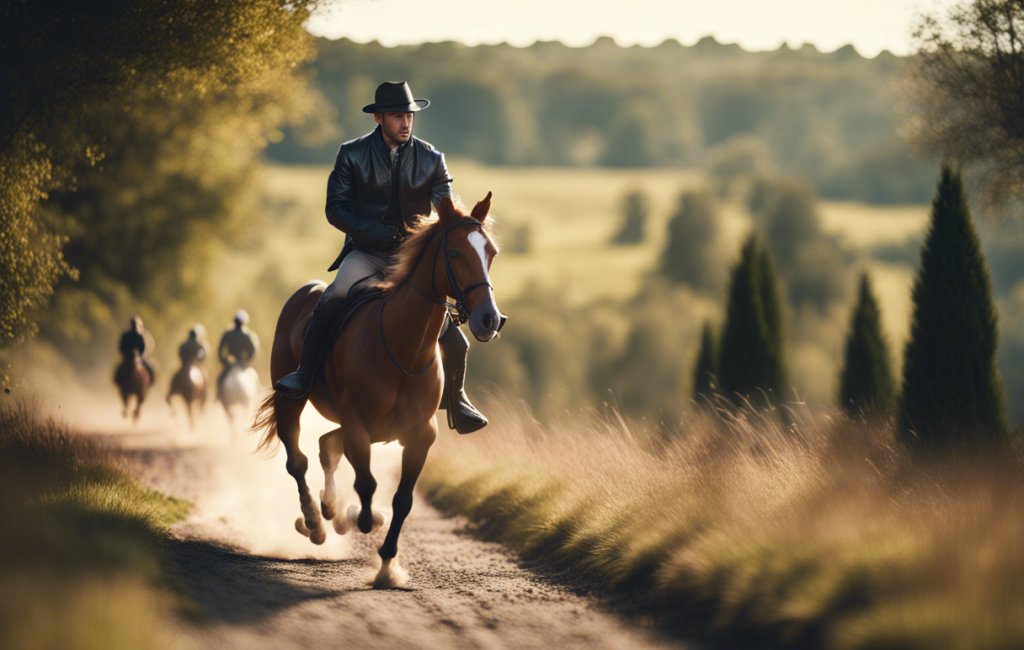 Un cavalier sur son cheval galopant sur un chemin pittoresque