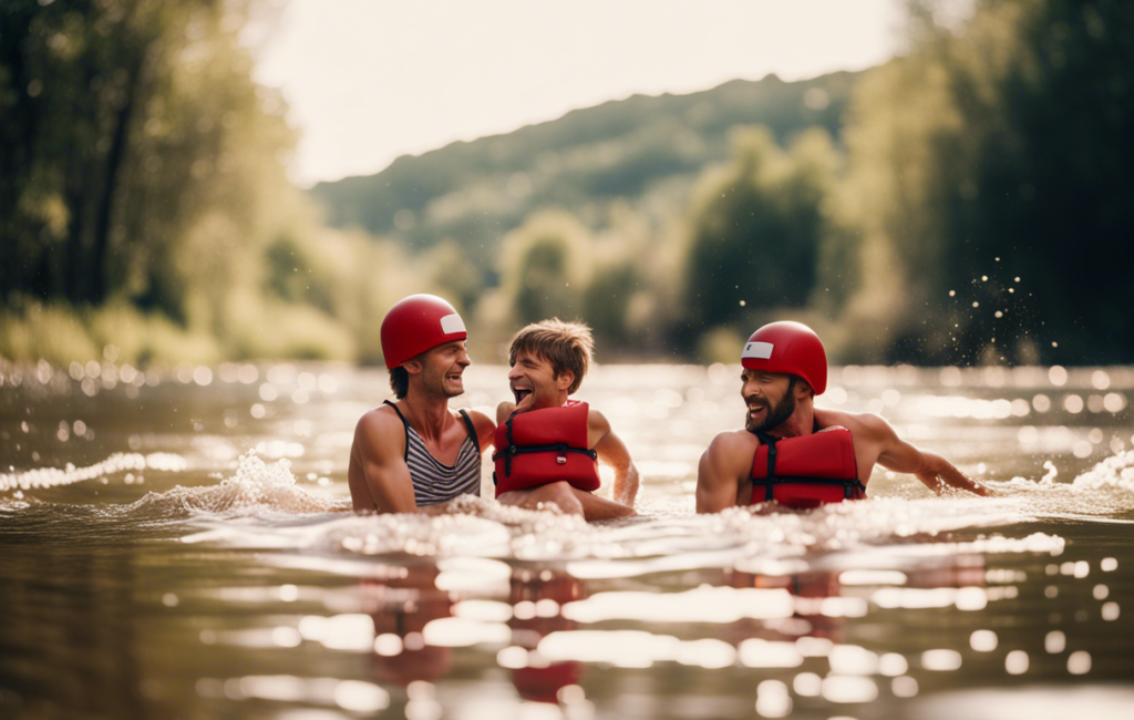 Famille s'amuse dans une rivière sous la surveillance d'un sauveteur