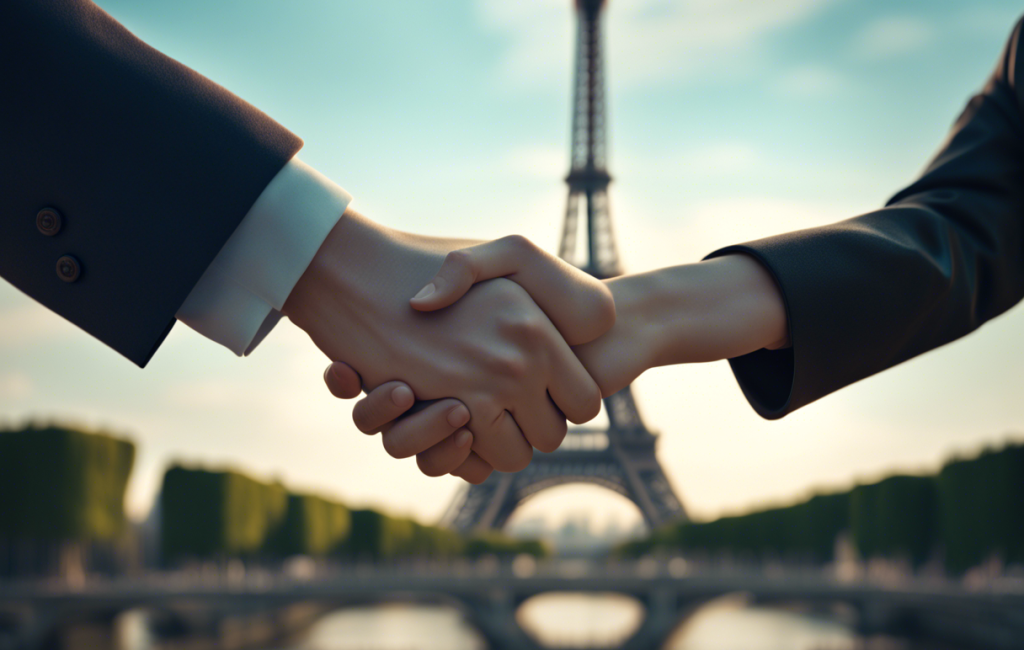 Yuewen et un représentant de la Fondation Eiffel se serrent la main