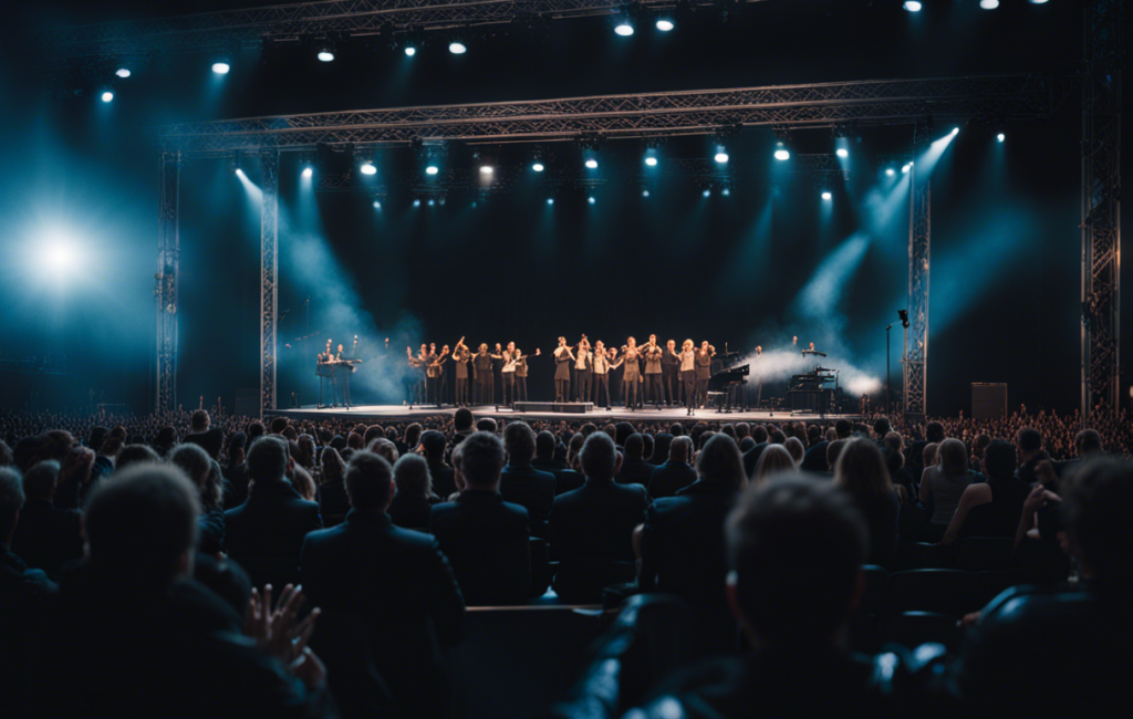 Scène de concert avec chanteurs et public enthousiaste à Besançon