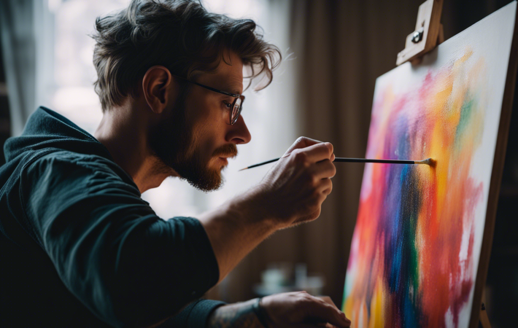 Artiste queer peignant un tableau sous des yeux critiques