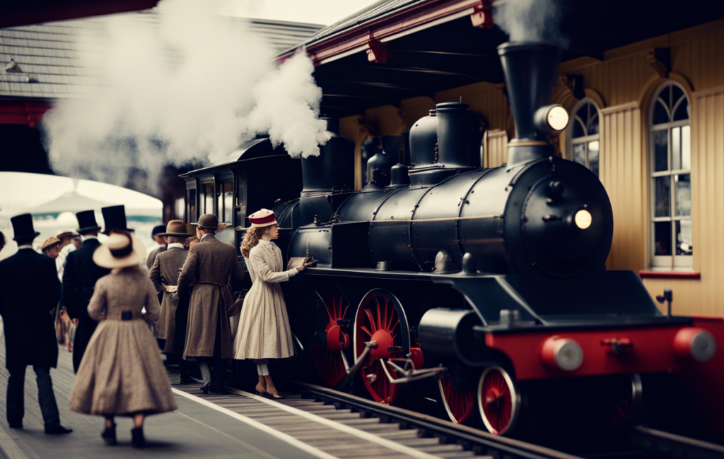 Vieille gare de Port Costa avec train à vapeur et voyageurs en habits d'époque