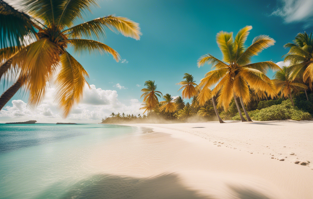 Plage ensoleillée avec palmiers et mer turquoise