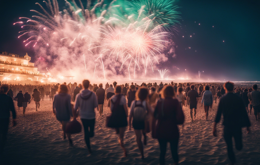 Plage de Royan bondée avec feu d'artifice coloré