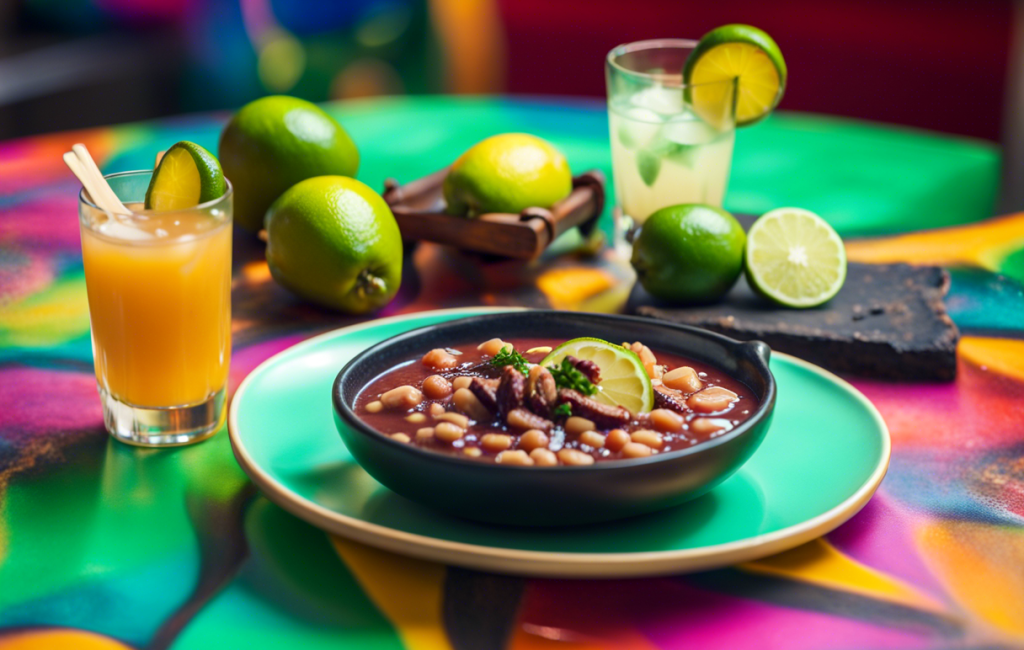 Assiette de feijoada avec caipirinha sur une table colorée